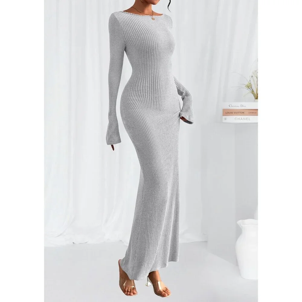 Women's Grey Long Sleeve Ribbed Knit Boat Neck Bodycon Casual Maxi Dress - Picture 3 of 8